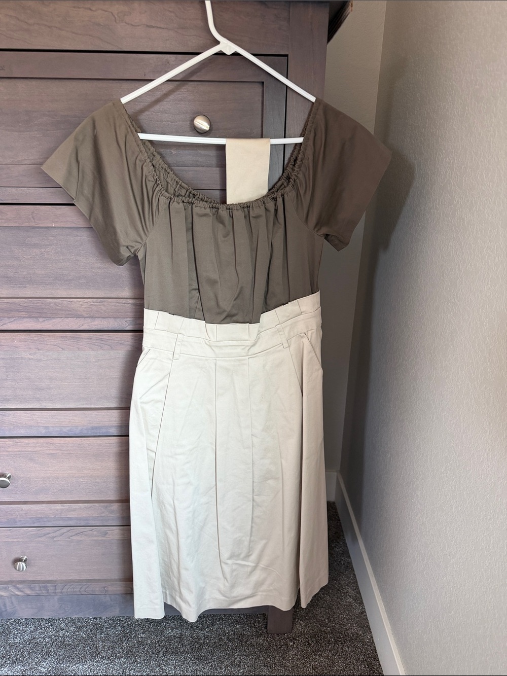 Belted Eva Mendes for New York & Company Two-Tone Olive Green and Cream Dress